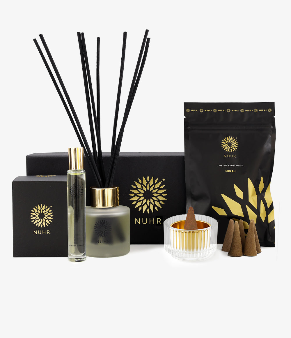 Miraj Home Scenting Gift Set with diffuser, incense cones and burner with option for Roll On Perfume